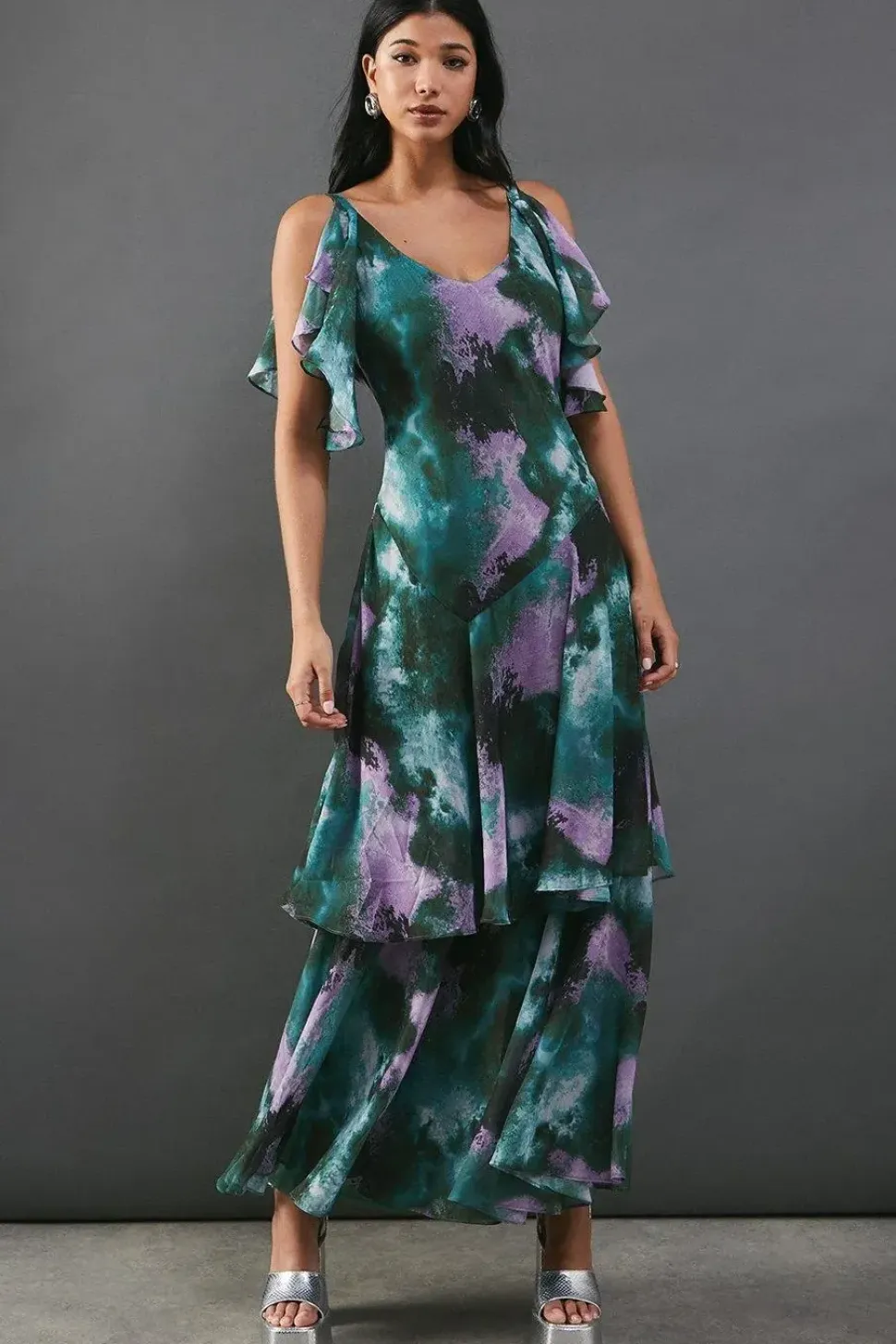 Abstract Strappy Chiffon Tendril Layer Midi Dress