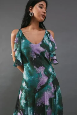 Abstract Strappy Chiffon Tendril Layer Midi Dress