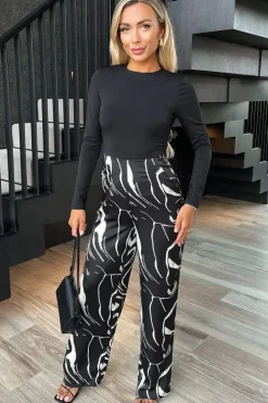 Abstract Stripe Print 2 in 1 Long Sleeve Wide Leg Jumpsuit