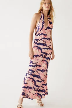 Abstract Tie Dye Halter Cross Neck Slip Dress