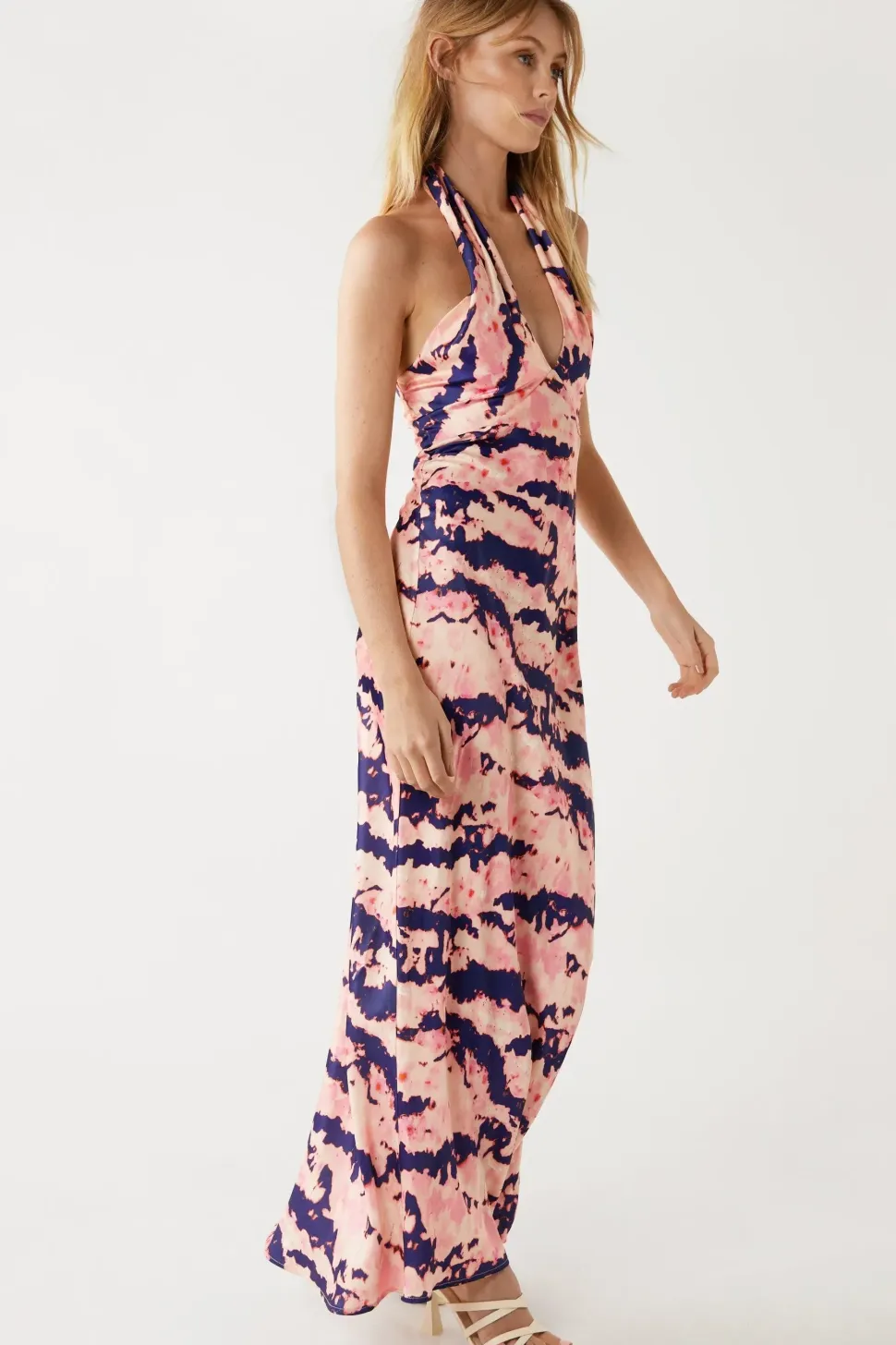 Abstract Tie Dye Halter Cross Neck Slip Dress