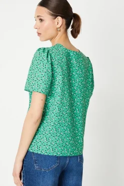 Abstract V Neck Gathered Shoulder Top