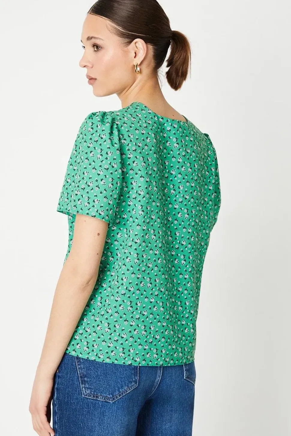 Abstract V Neck Gathered Shoulder Top