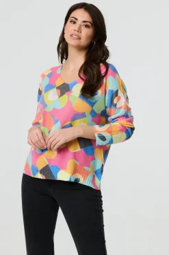 Abstract V-Neck Long Sleeve Knit Top