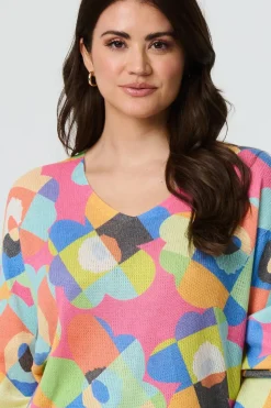 Abstract V-Neck Long Sleeve Knit Top