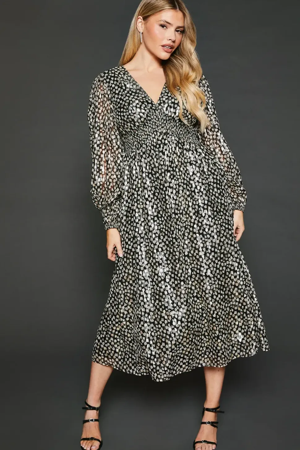 Abstract V Neck Metallic Midi Dress