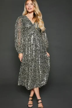 Abstract V Neck Metallic Midi Dress