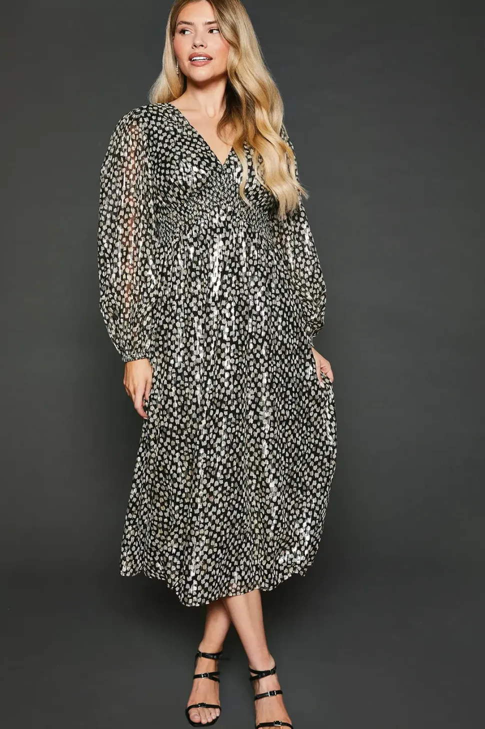 Abstract V Neck Metallic Midi Dress