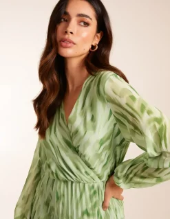 Abstract Wrap Pleated Midi Dress