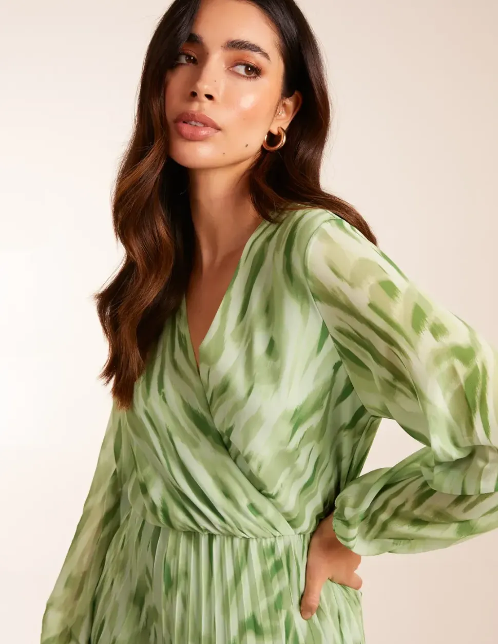 Abstract Wrap Pleated Midi Dress