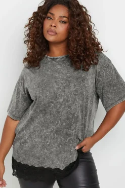 Acid Wash Lace Hem T-Shirt
