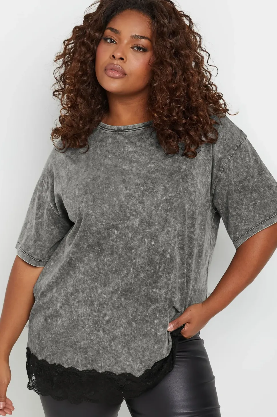 Acid Wash Lace Hem T-Shirt