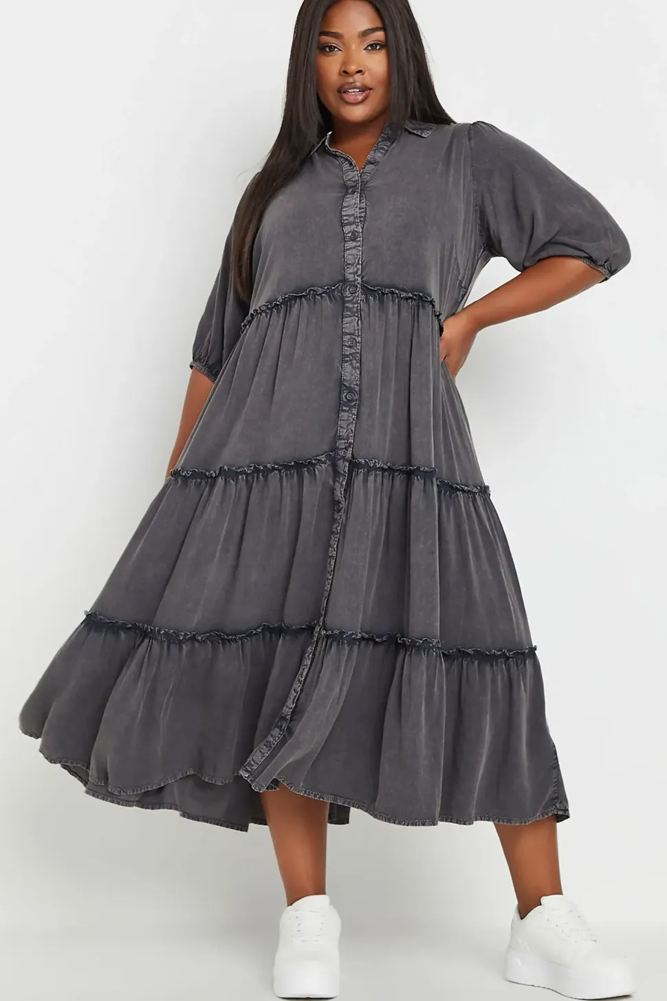 Acid Wash Tiered Shirt Dress