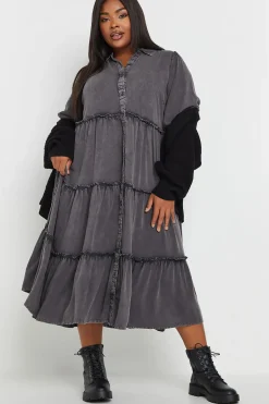 Acid Wash Tiered Shirt Dress