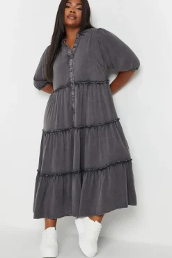 Acid Wash Tiered Shirt Dress