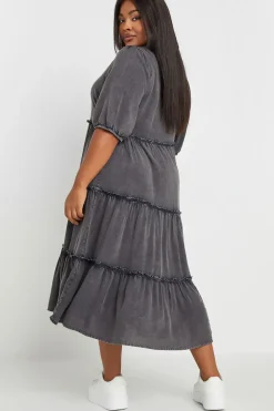 Acid Wash Tiered Shirt Dress