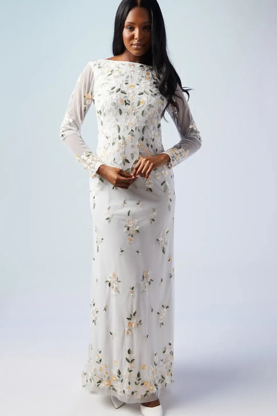 All Over Embroidered Wildflower Long Sleeve Wedding Dress