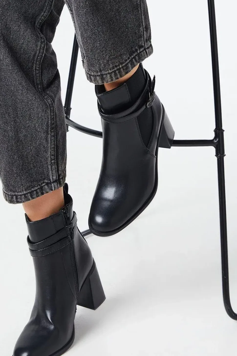 Alma High Block Heel Buckle Detail Ankle Boots