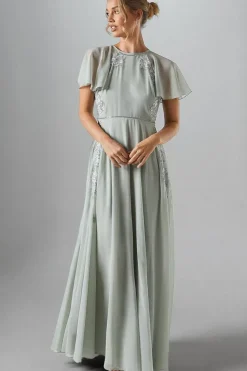 Angel Sleeve Embroidered Winter Floral Bridesmaid Maxi Dress