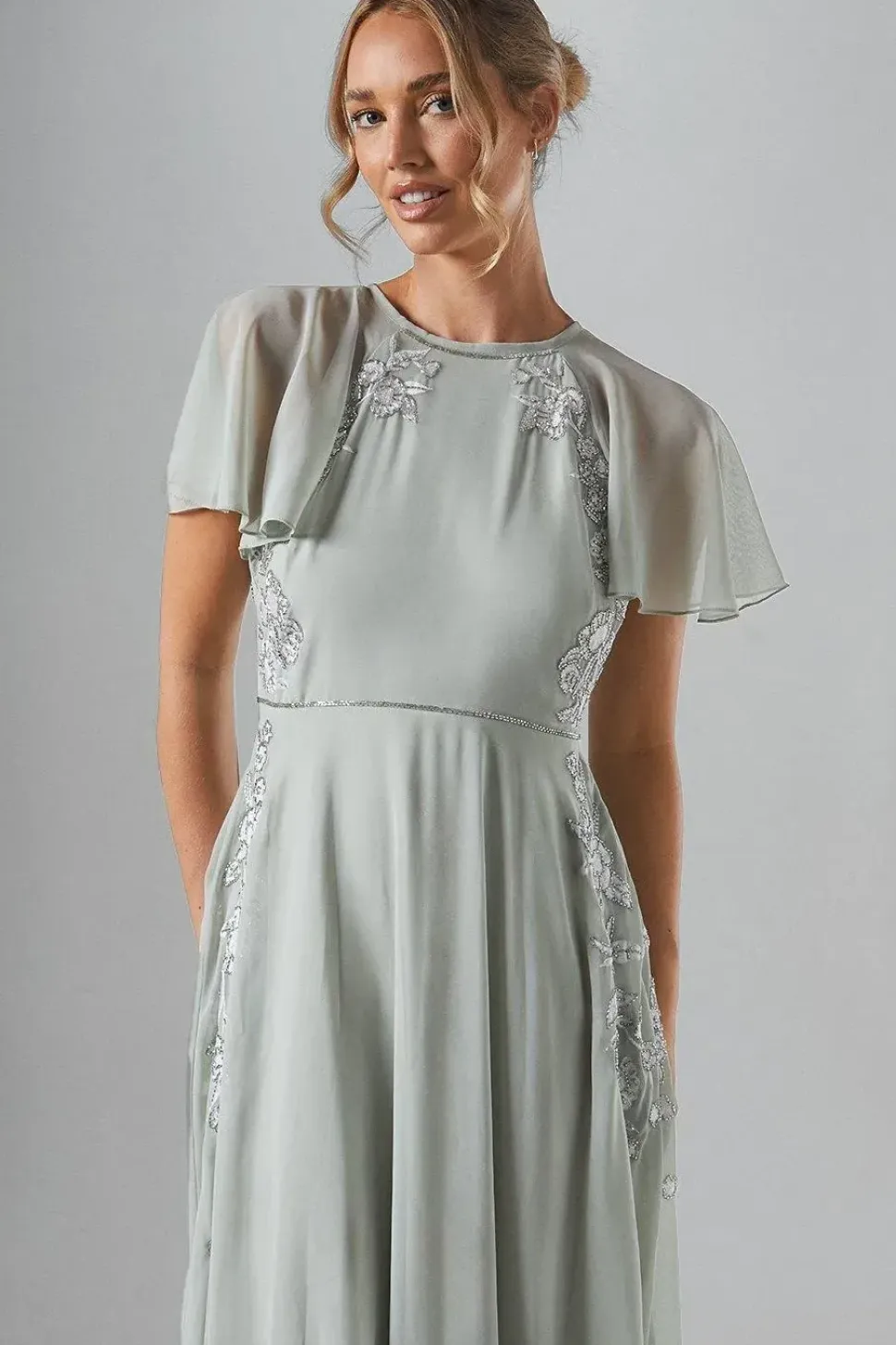 Angel Sleeve Embroidered Winter Floral Bridesmaid Maxi Dress
