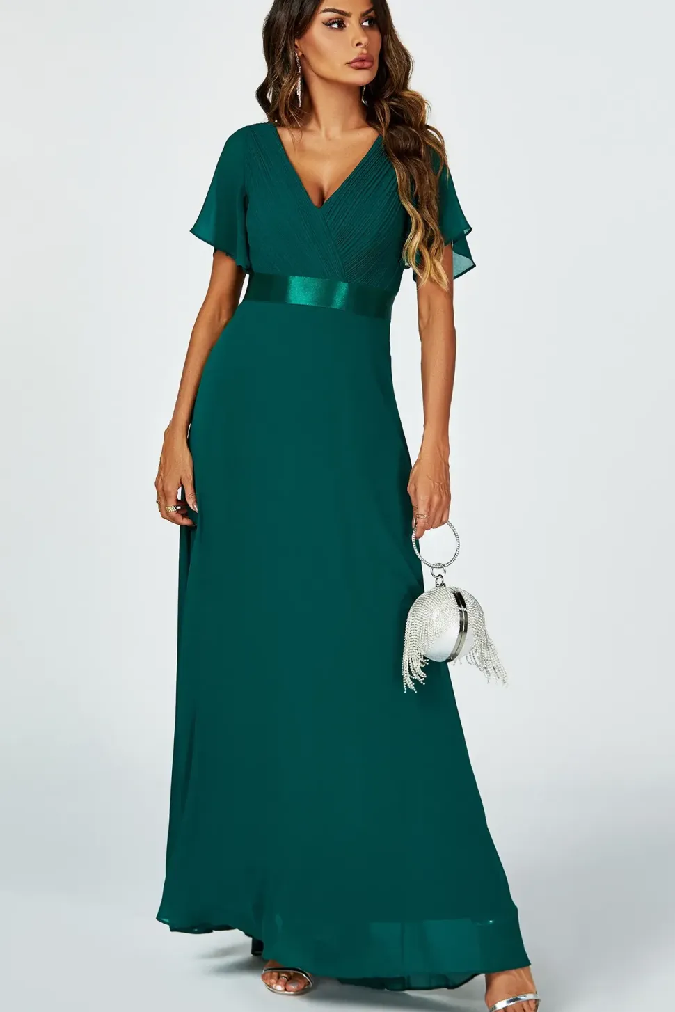 Angel Sleeves Empire Waist Bridesmaid Dress In Green