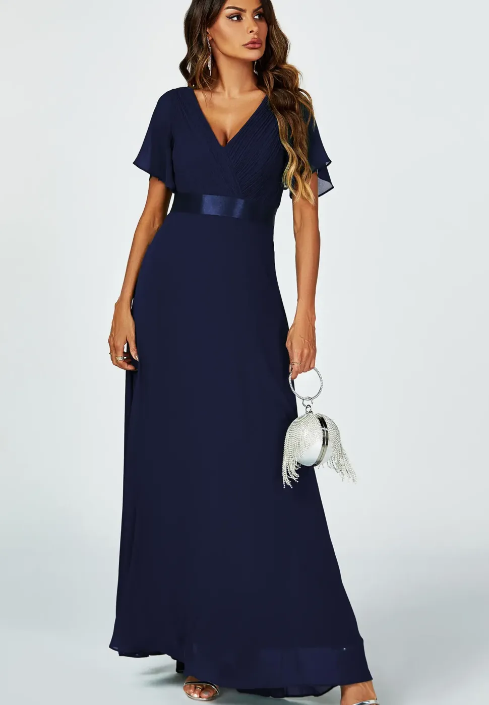 Angel Sleeves Empire Waist Bridesmaid Dress In Navy