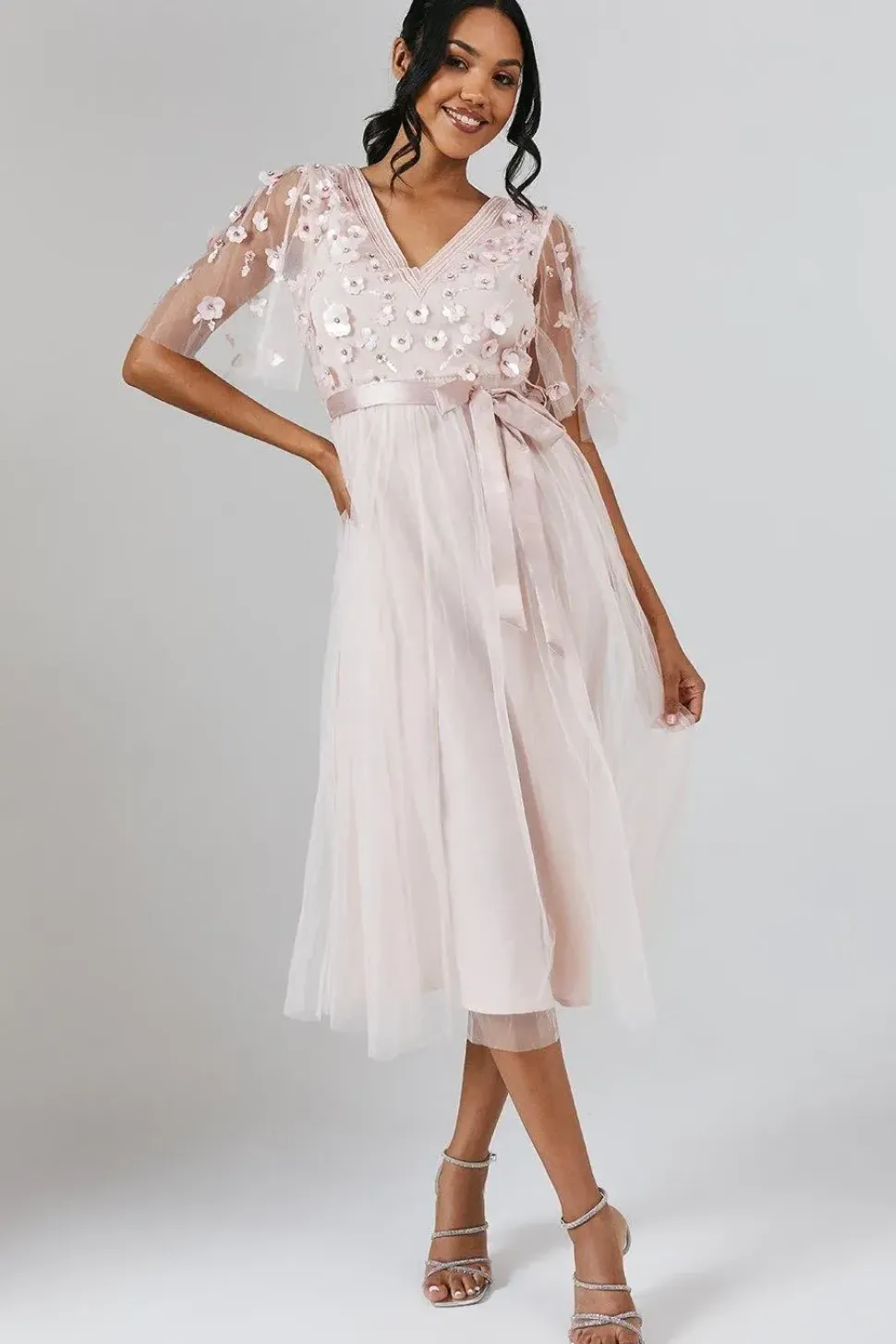 Angel Sleeve Trailing Floral Embellished Bridesmaids Dress
