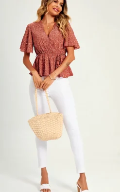 Angel Sleeve V Neck Top/Blouse In Rusty Red Dot Print
