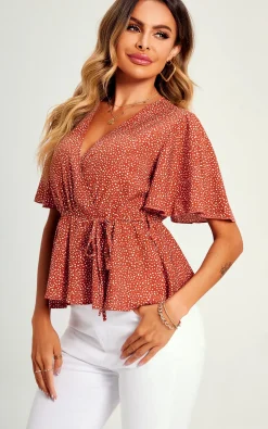 Angel Sleeve V Neck Top/Blouse In Rusty Red Dot Print