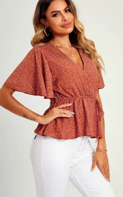 Angel Sleeve V Neck Top/Blouse In Rusty Red Dot Print