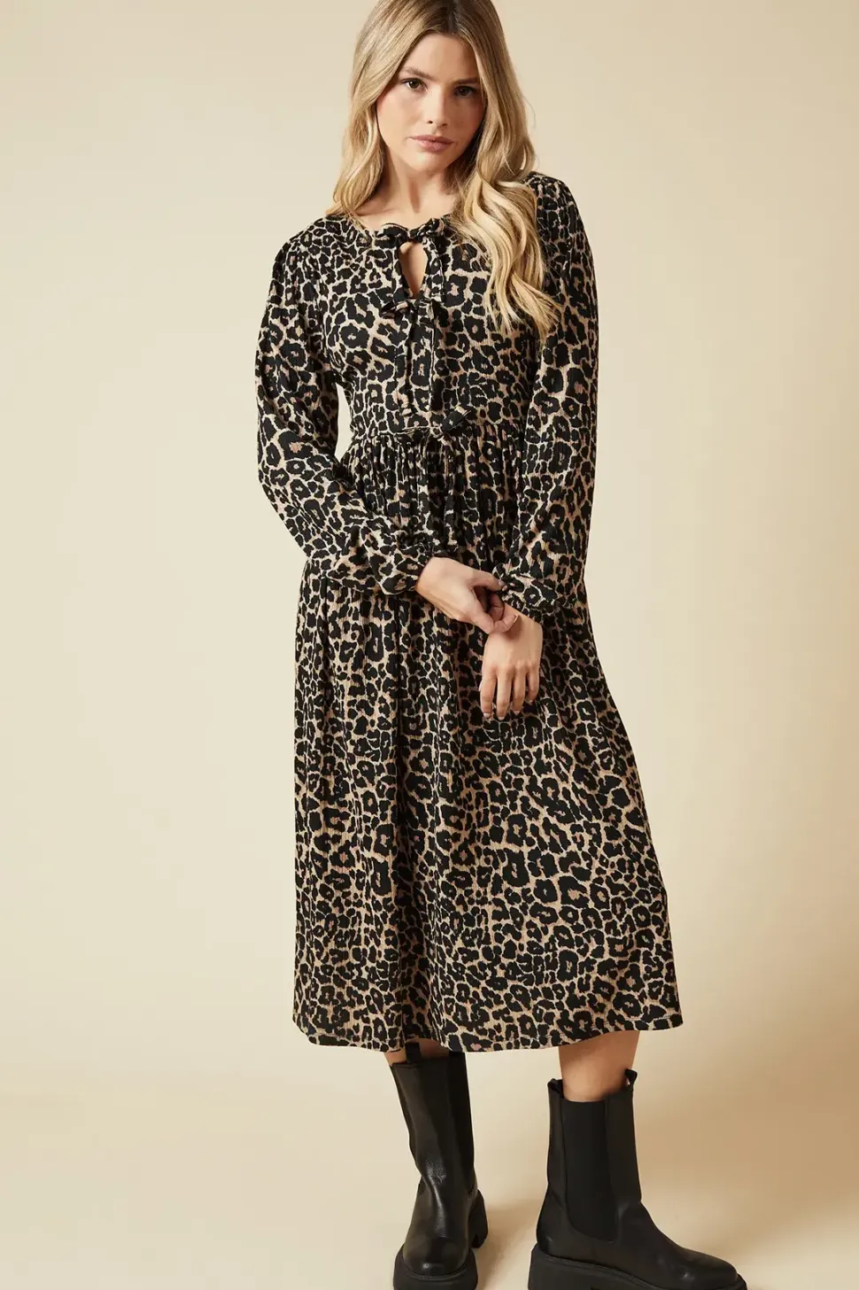 Animal Bow Tie Front Long Sleeve Midi Dress