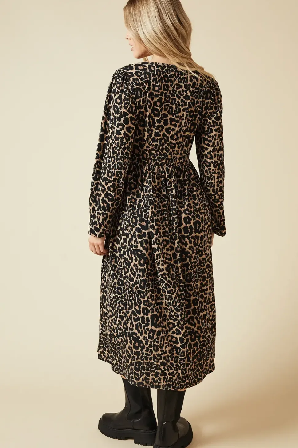Animal Bow Tie Front Long Sleeve Midi Dress