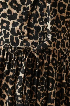 Animal Bow Tie Front Long Sleeve Midi Dress