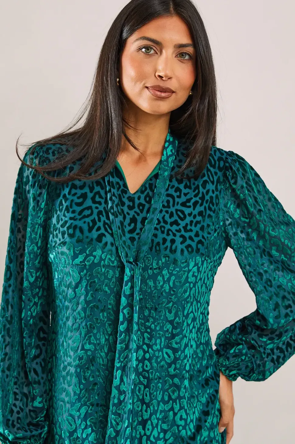 Animal Burnout Tie Neck Dress