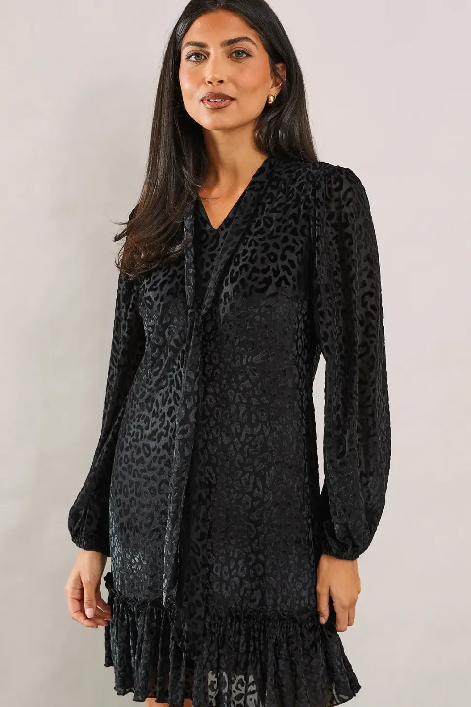 Animal Burnout Tie Neck Dress