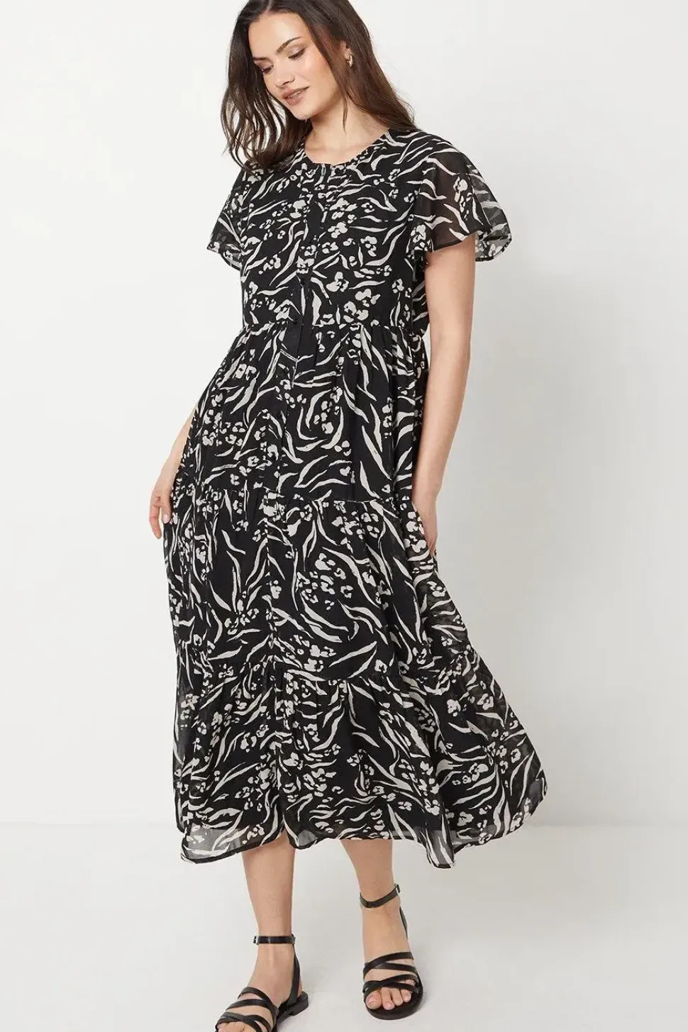 Animal Button Through Angel Sleeve Midi Dress