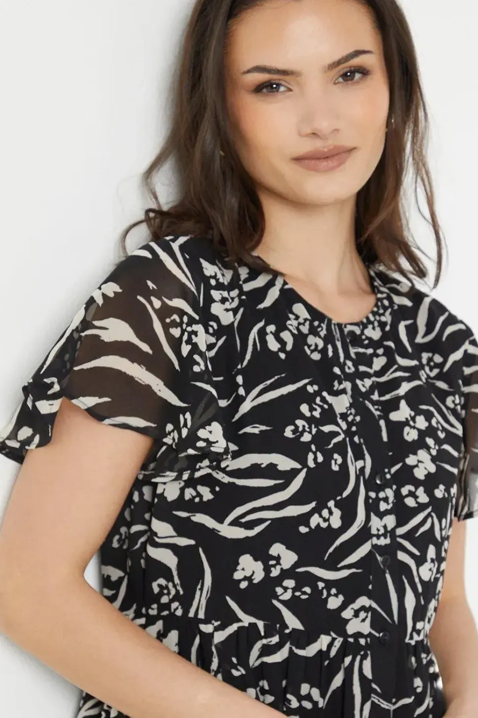 Animal Button Through Angel Sleeve Midi Dress