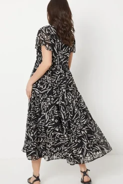 Animal Button Through Angel Sleeve Midi Dress