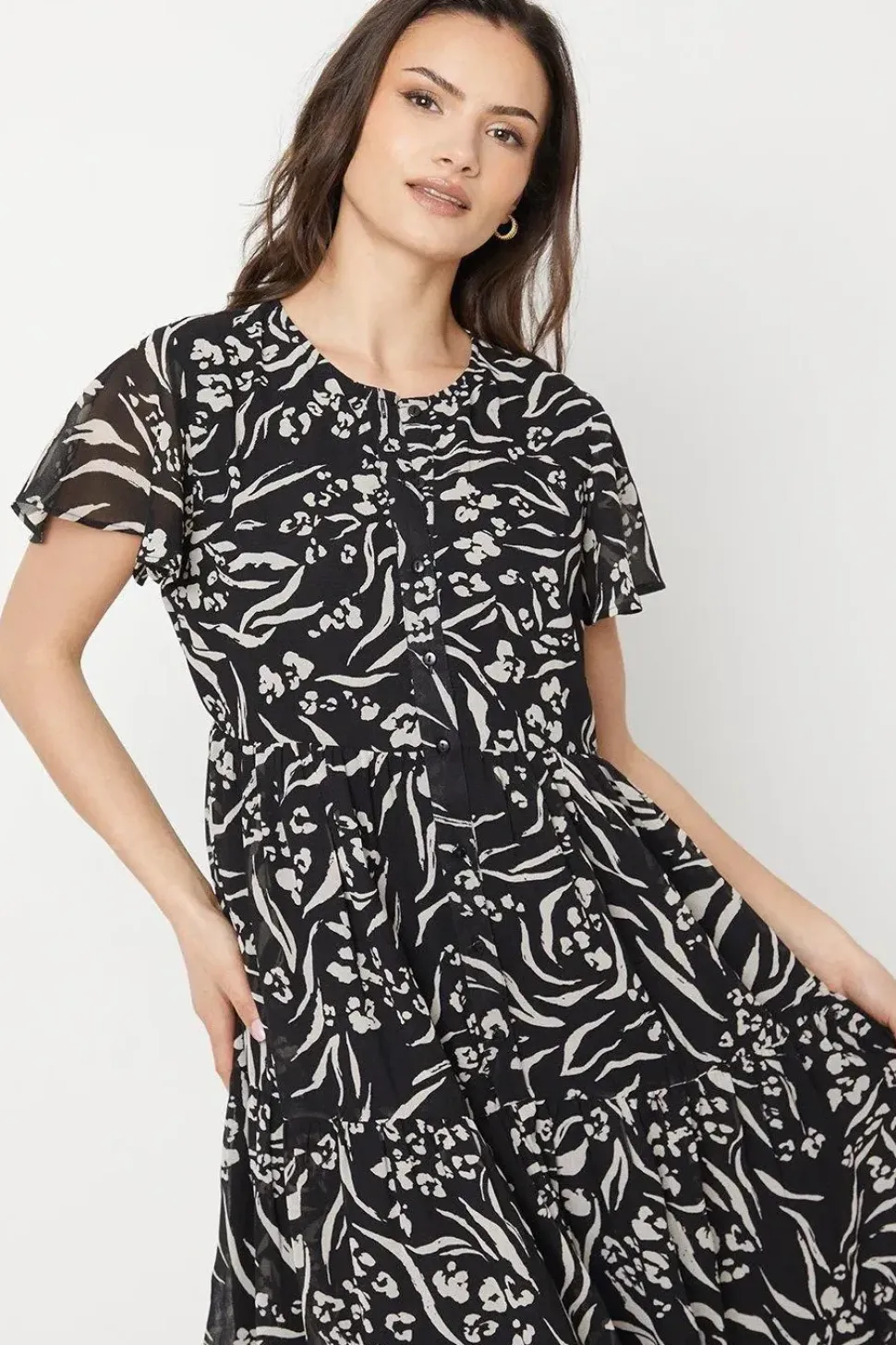 Animal Button Through Angel Sleeve Midi Dress