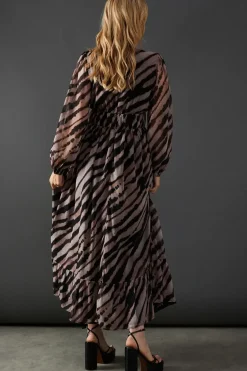 Animal Chiffon Plunge Neck Balloon Sleeve Maxi Dress