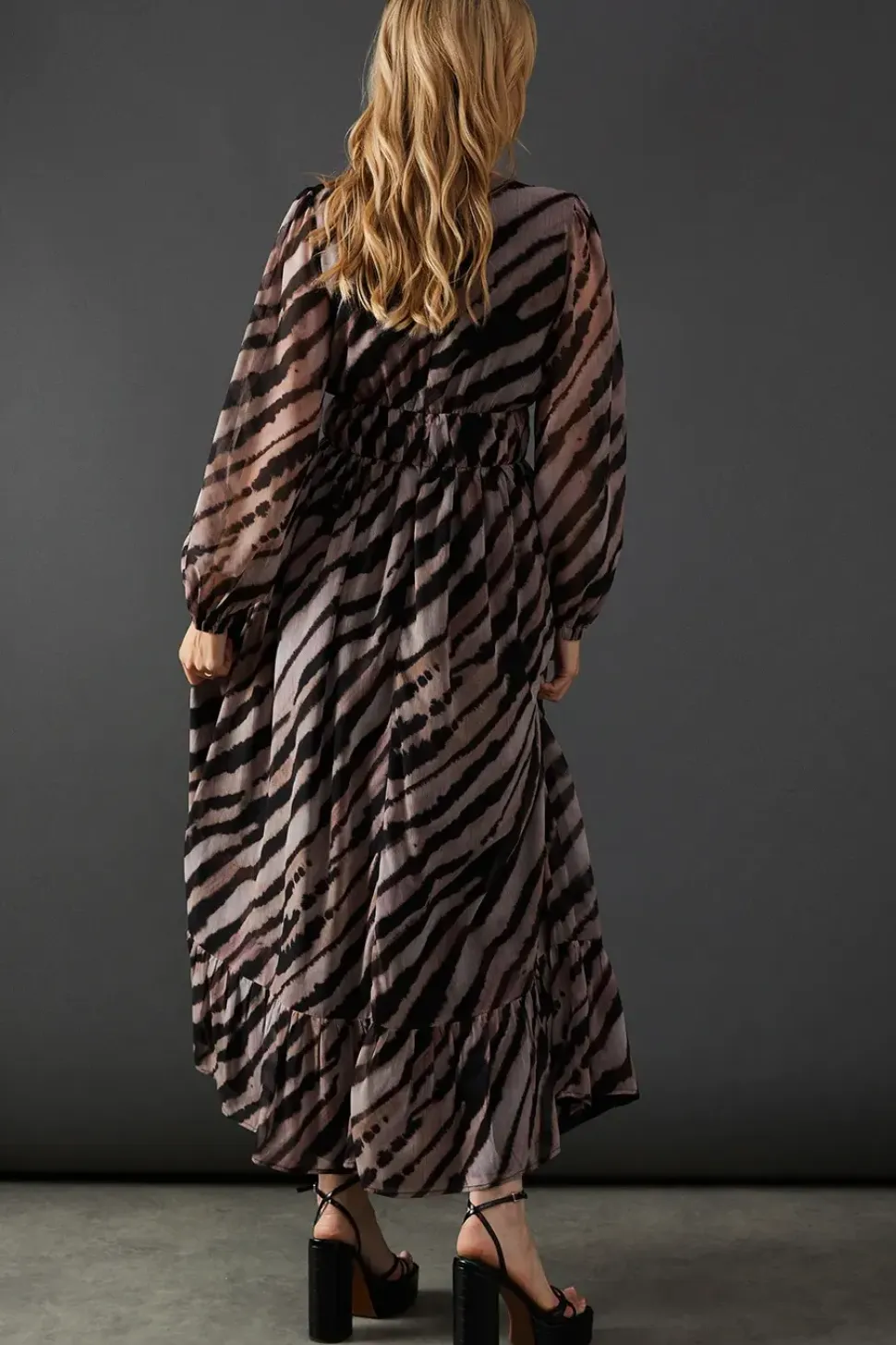 Animal Chiffon Plunge Neck Balloon Sleeve Maxi Dress