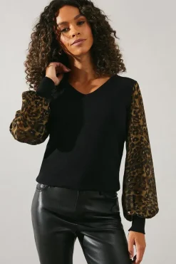 Animal Chiffon Sleeve V Neck Knitted Top