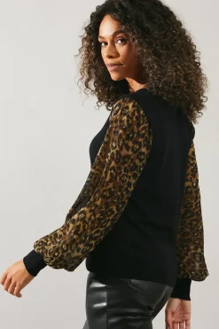 Animal Chiffon Sleeve V Neck Knitted Top