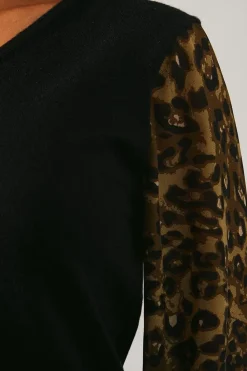 Animal Chiffon Sleeve V Neck Knitted Top
