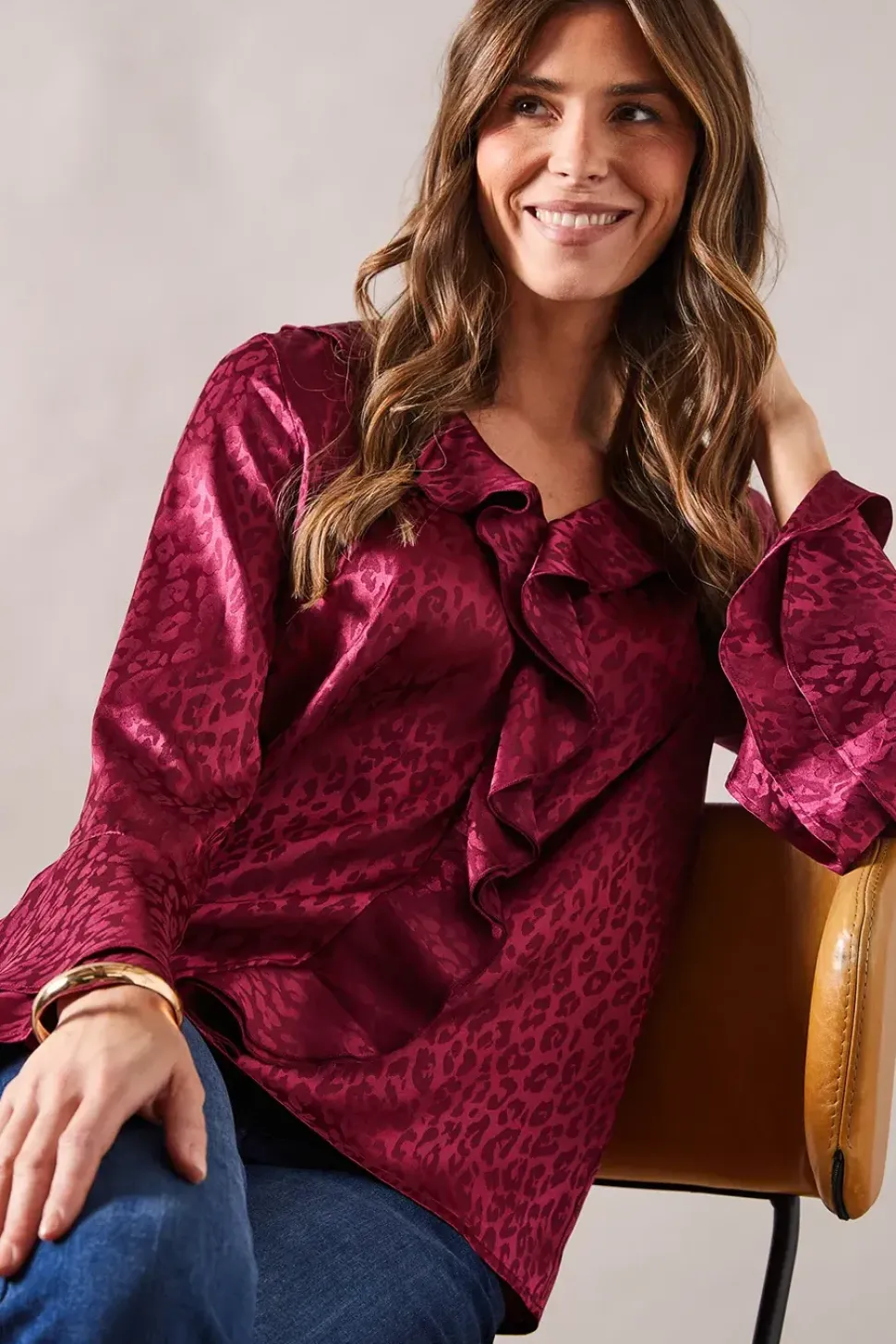 Animal Jacquard Ruffle Blouse