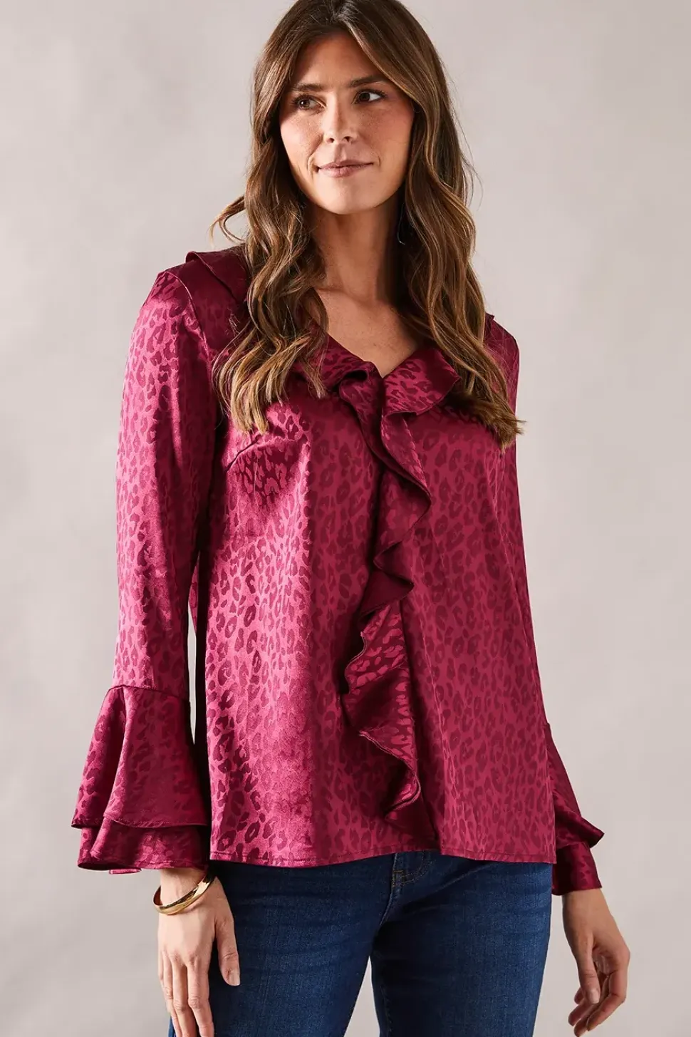 Animal Jacquard Ruffle Blouse
