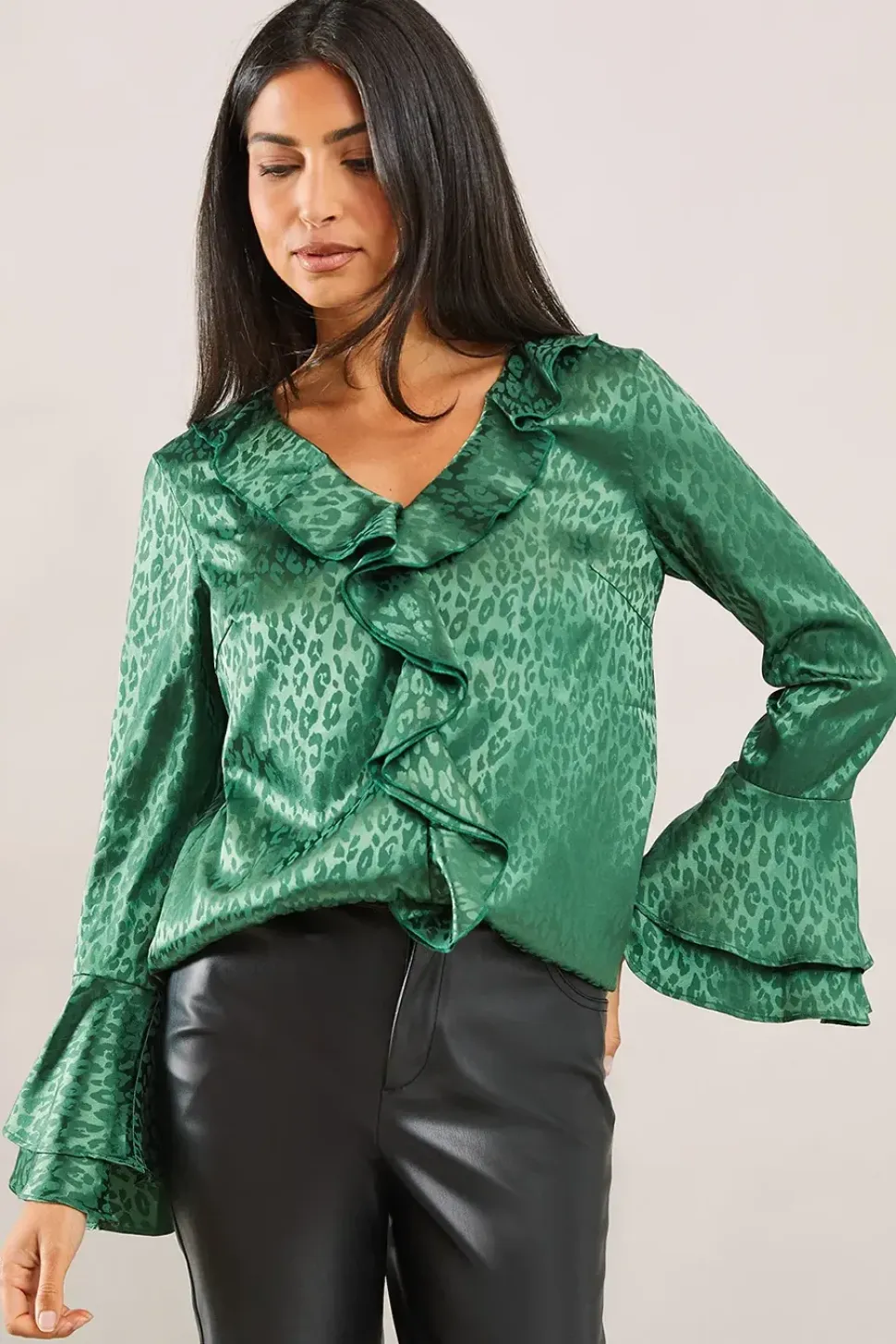 Animal Jacquard Ruffle Blouse