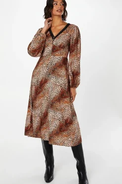 Animal Long Sleeve Lace Trim Button Front Midi Dress