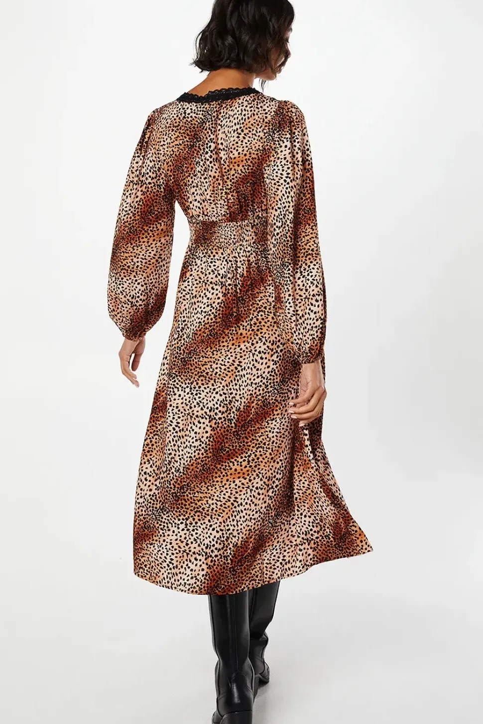 Animal Long Sleeve Lace Trim Button Front Midi Dress