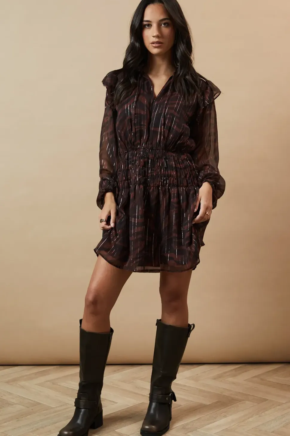 Animal Metallic Chiffon Shirred Mini Dress